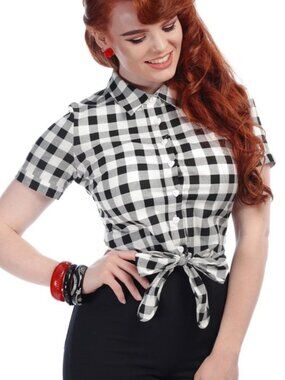 NWT Large (Sz 10) Collectif Sammy Gingham Cropped Retro Pinup Tie Shirt Modcloth